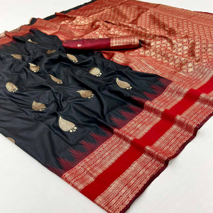 Black Zari Woven Art Silk Saree Featuring Delicate Floral Motifs & Regal Banarasi Pallu