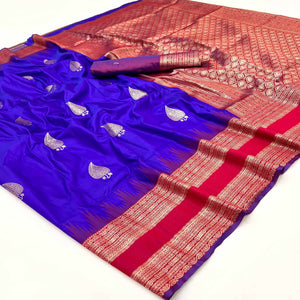 Blue Zari Woven Art Silk Saree Featuring Delicate Floral Motifs & Regal Banarasi Pallu