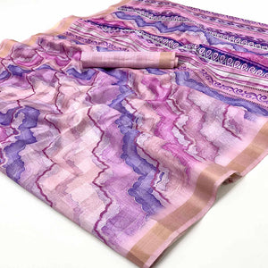 Purple Cotton Silk Saree With Artistic Digital Prints & Zari Weaving