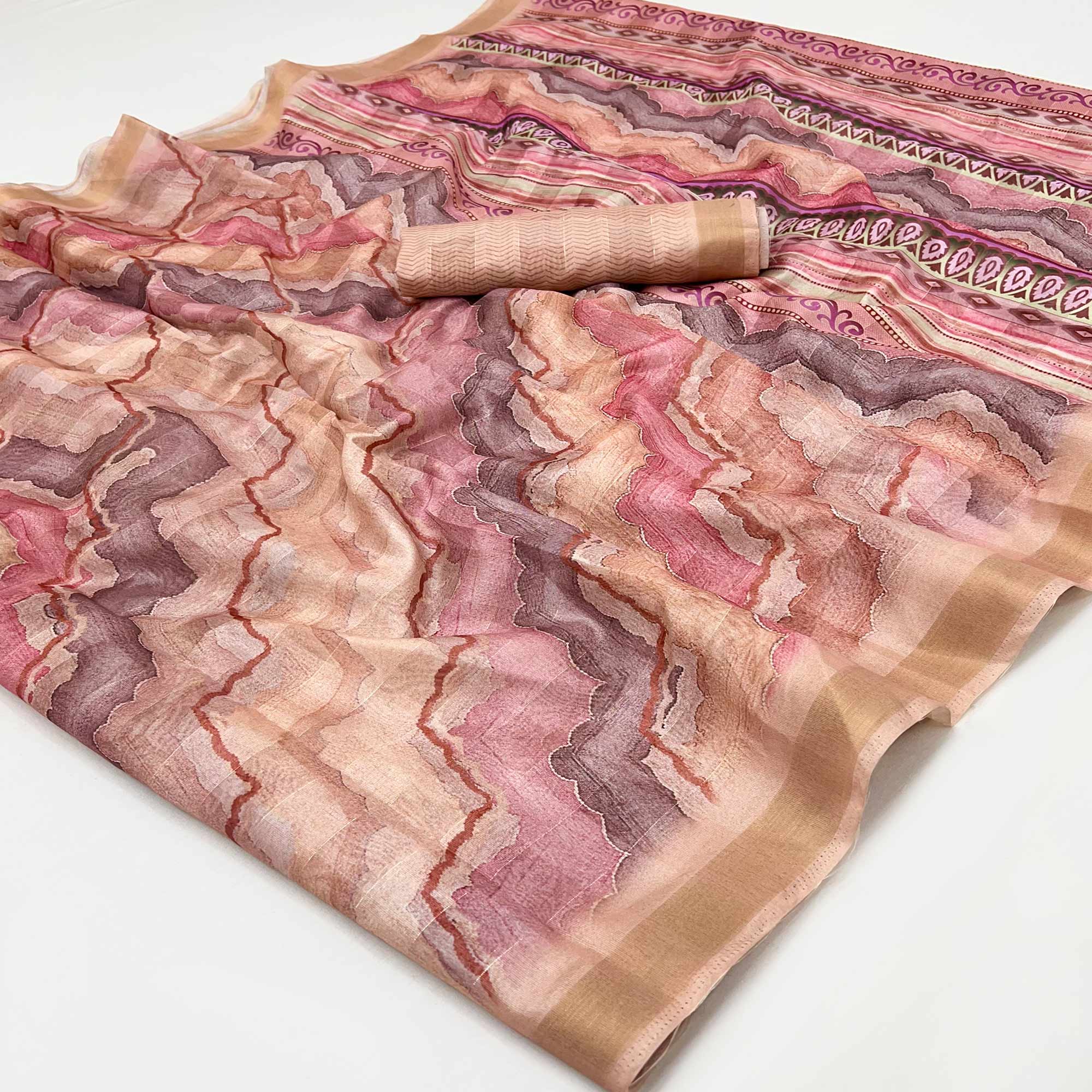 Peach Cotton Silk Saree With Artistic Digital Prints & Zari Weaving