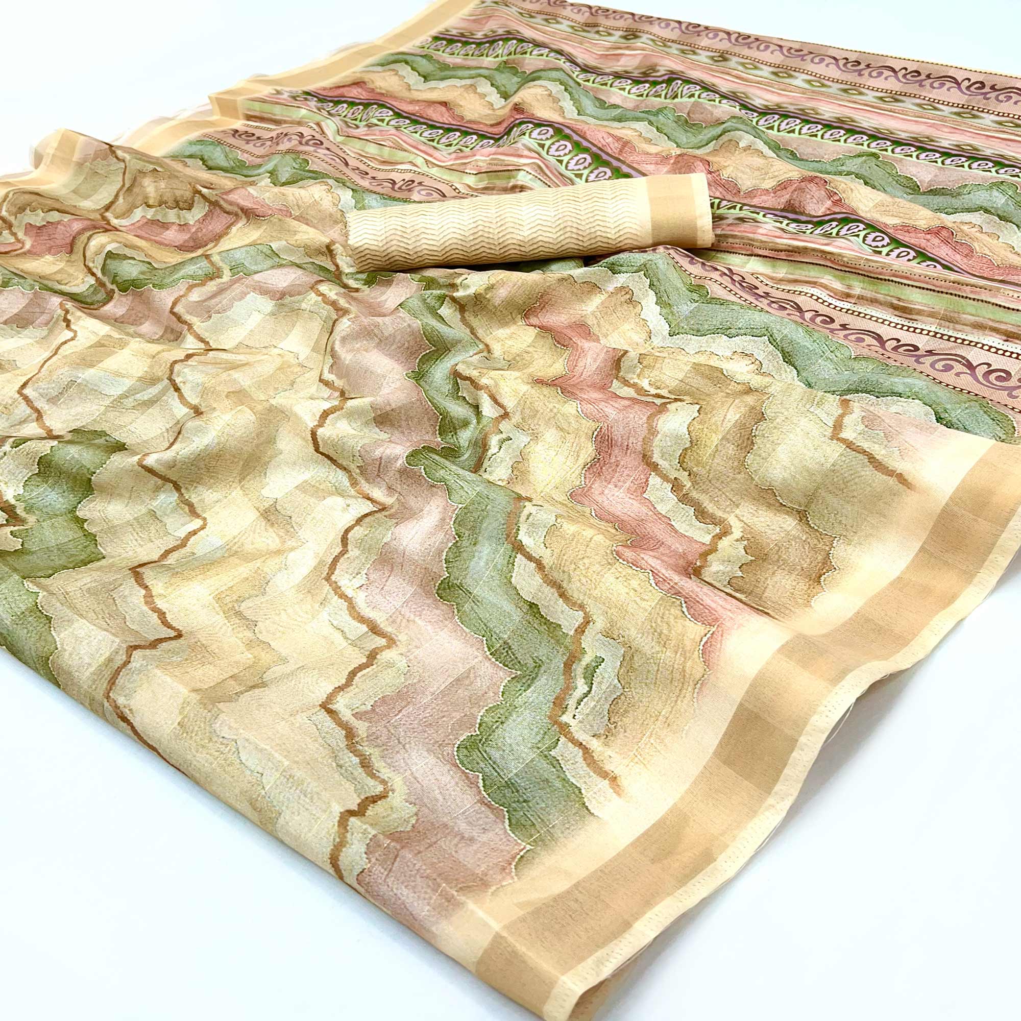 Cream Cotton Silk Saree With Artistic Digital Prints & Zari Weaving