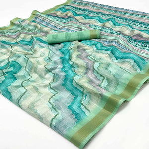 Rama Green Cotton Silk Saree With Artistic Digital Prints & Zari Weaving