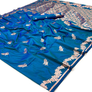 Morpich Blue Art Silk Saree With Intricate Floral Zari Weaving & Banarasi Pallu