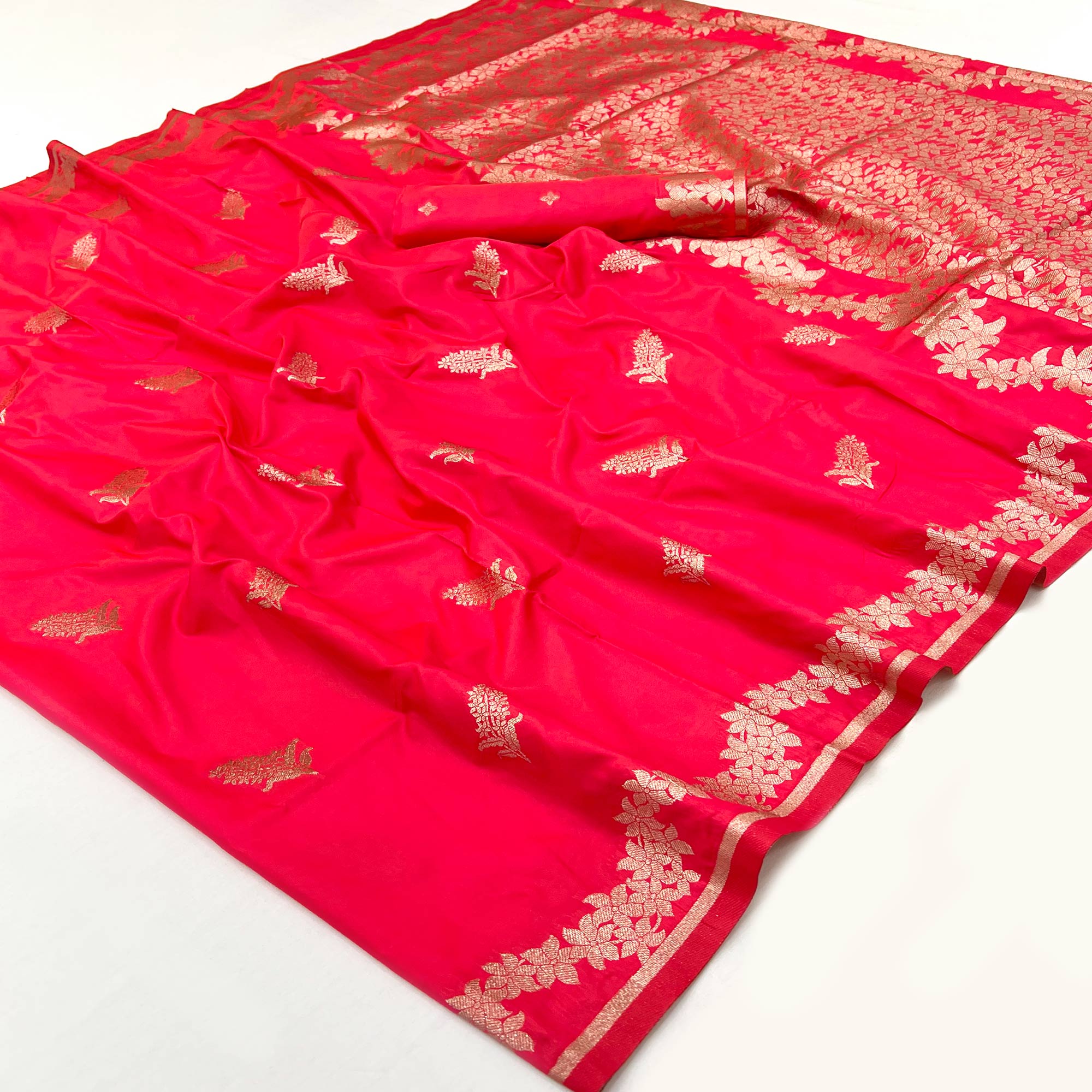 Cherry Red Art Silk Saree With Intricate Floral Zari Weaving & Banarasi Pallu