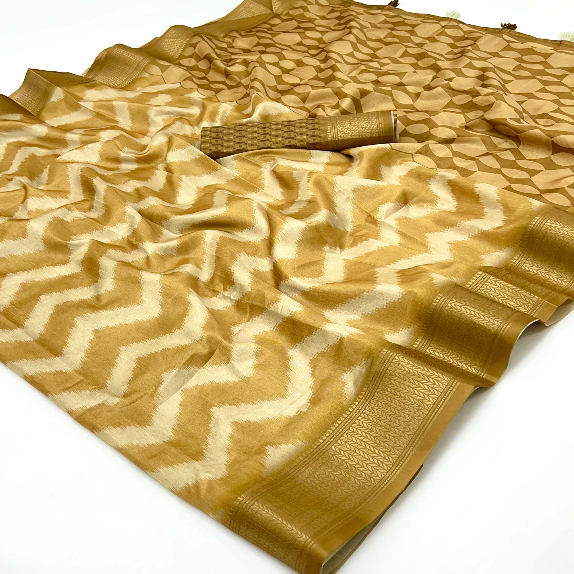 Brown Digital Printed Dola Silk Saree Accented With Elegant Zari Woven Border