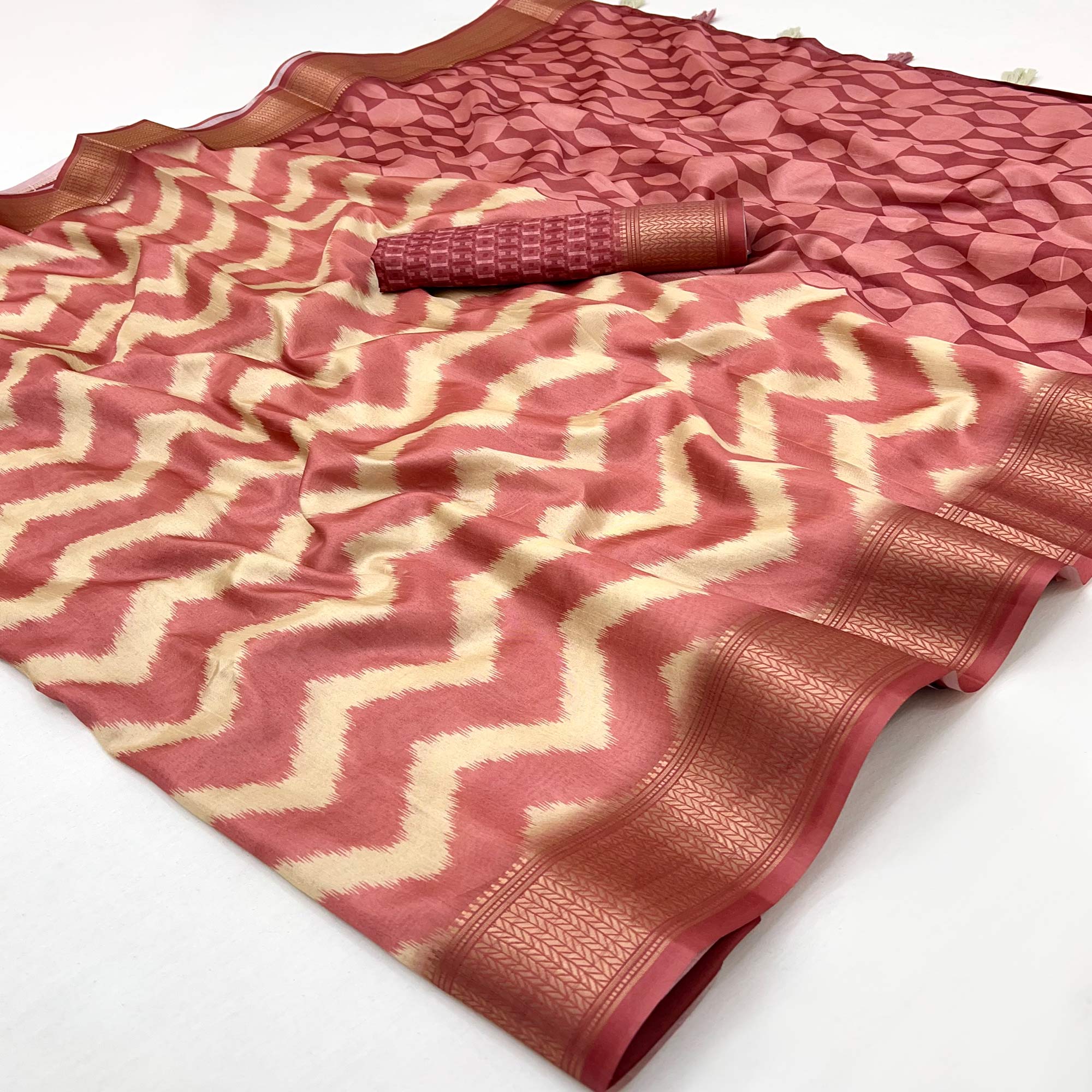 Pink Digital Printed Dola Silk Saree Accented With Elegant Zari Woven Border