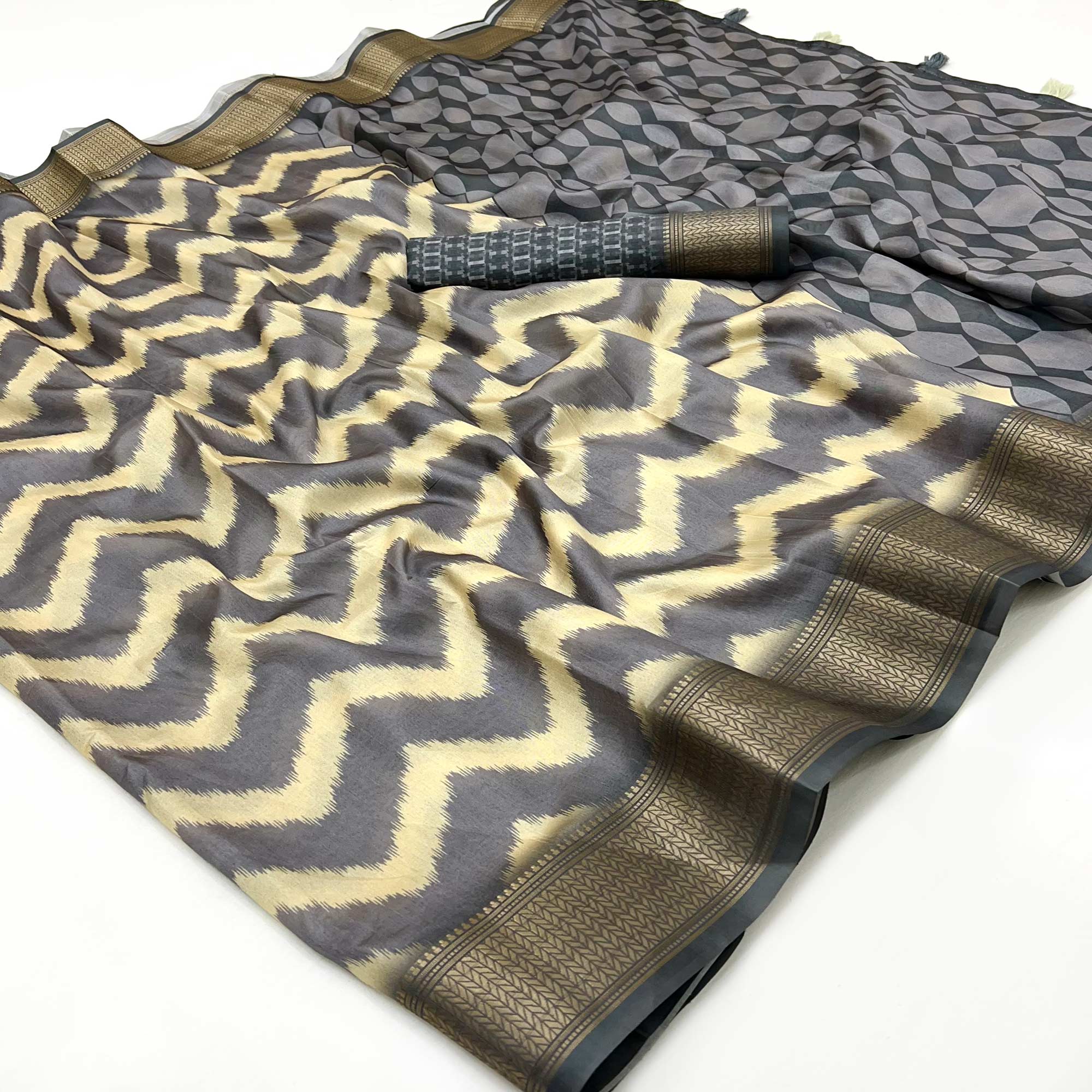 Grey Digital Printed Dola Silk Saree Accented With Elegant Zari Woven Border