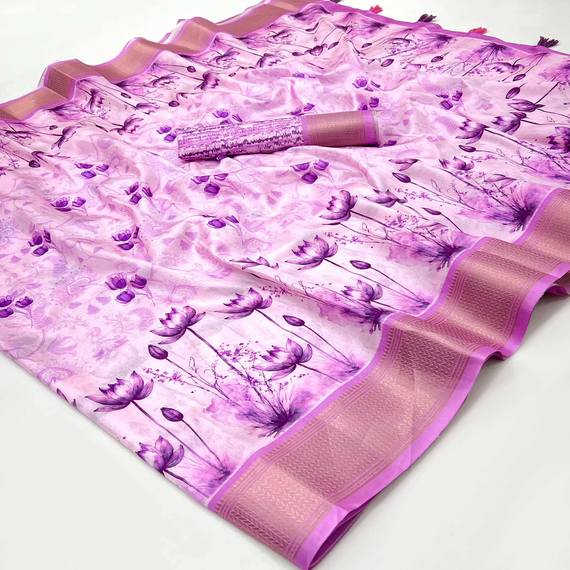 Light Purple Floral Digital Printed Dola Silk Saree Accented With Elegant Zari Woven Border