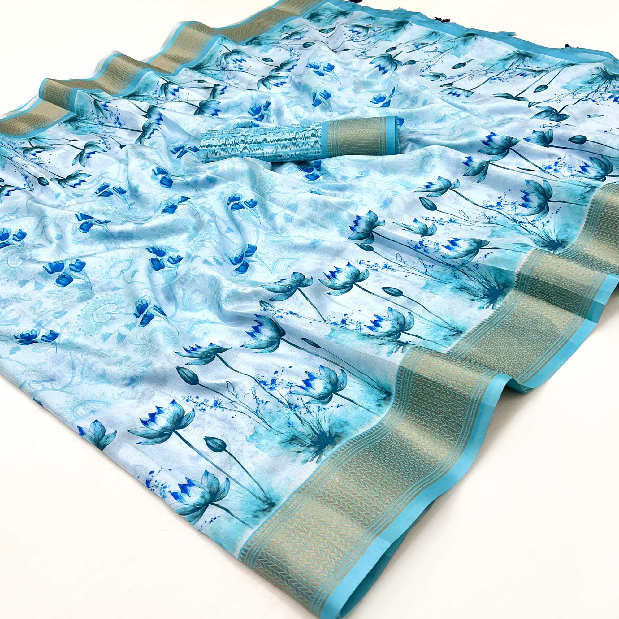 Blue Floral Digital Printed Dola Silk Saree Accented With Elegant Zari Woven Border