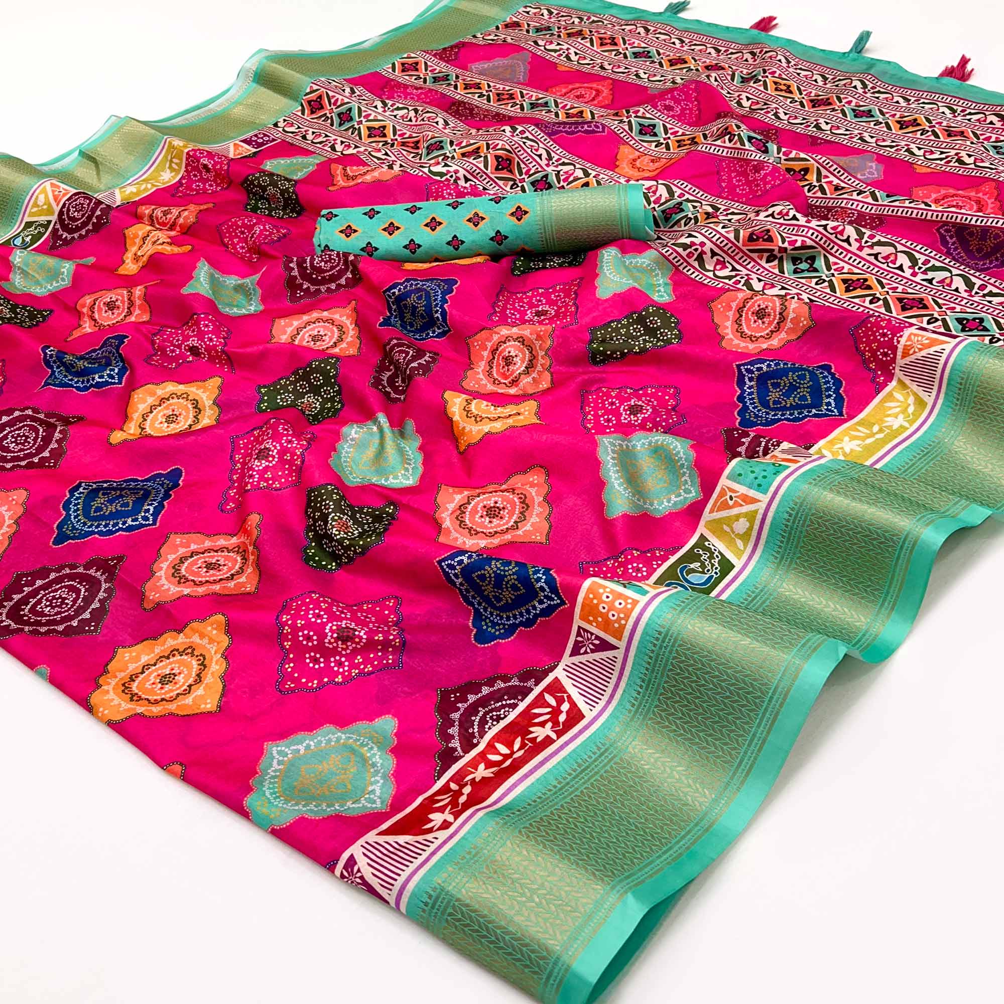 Pink Bandhani Digital Printed Dola Silk Saree Accented With Elegant Zari Woven Border