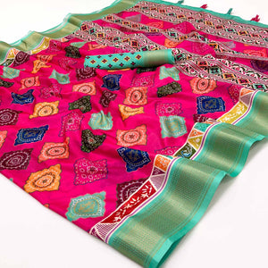 Pink Bandhani Digital Printed Dola Silk Saree Accented With Elegant Zari Woven Border