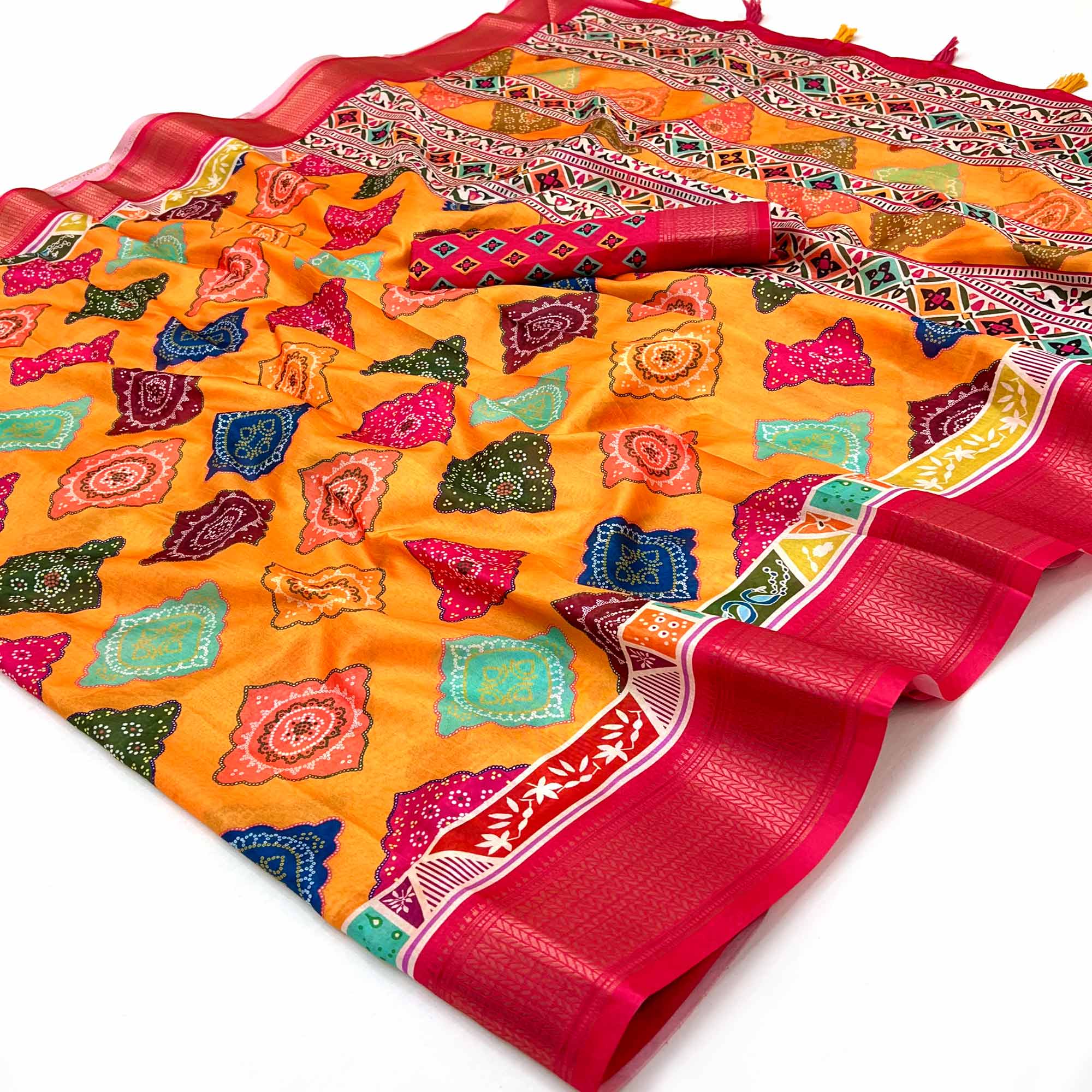 Mustard Bandhani Digital Printed Dola Silk Saree Accented With Elegant Zari Woven Border