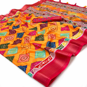 Mustard Bandhani Digital Printed Dola Silk Saree Accented With Elegant Zari Woven Border