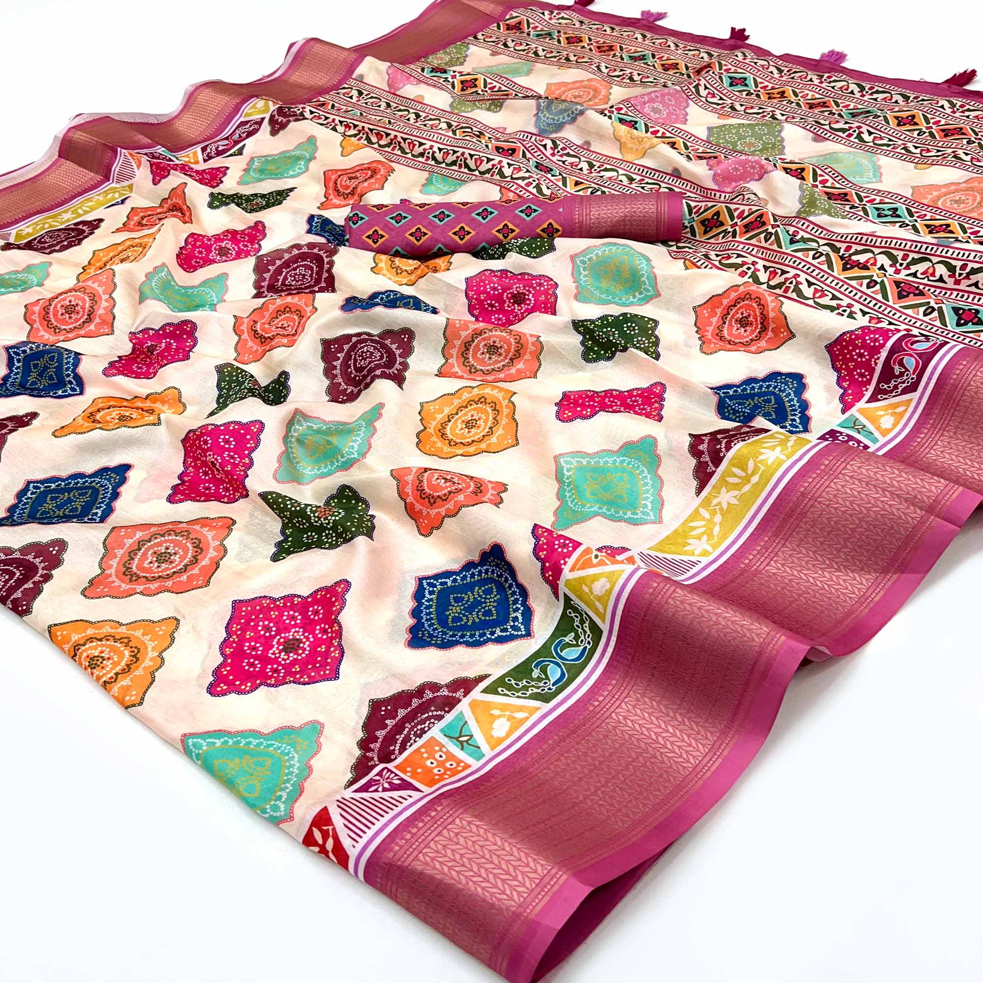 Offwhite Bandhani Digital Printed Dola Silk Saree Accented With Elegant Zari Woven Border