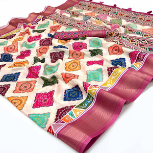 Offwhite Bandhani Digital Printed Dola Silk Saree Accented With Elegant Zari Woven Border