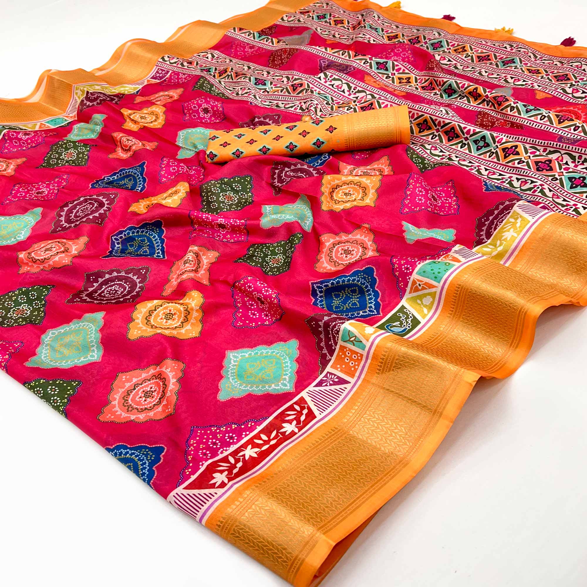 Cherry Red Bandhani Digital Printed Dola Silk Saree Accented With Elegant Zari Woven Border