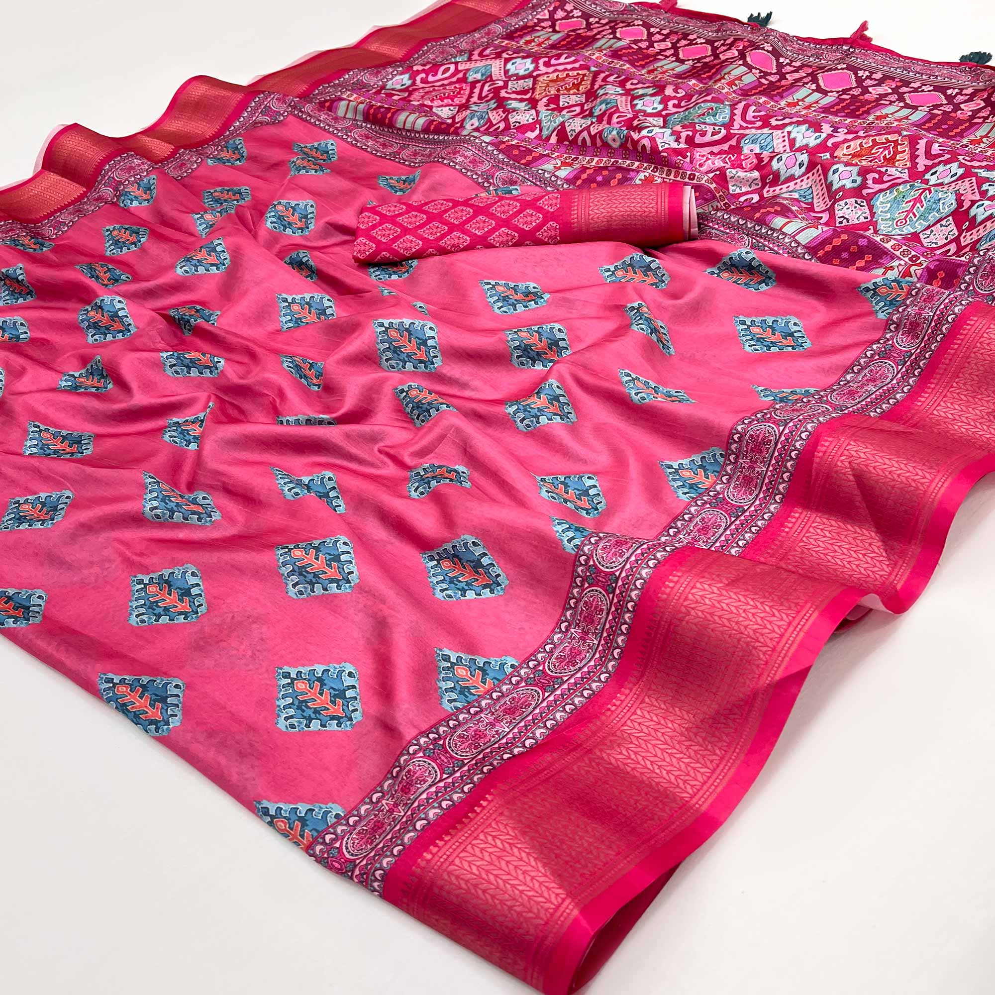 Pink Digital Printed Dola Silk Saree Adorned With Zari Weaving Border & Tassel Pallu