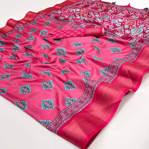 Pink Digital Printed Dola Silk Saree Adorned With Zari Weaving Border & Tassel Pallu