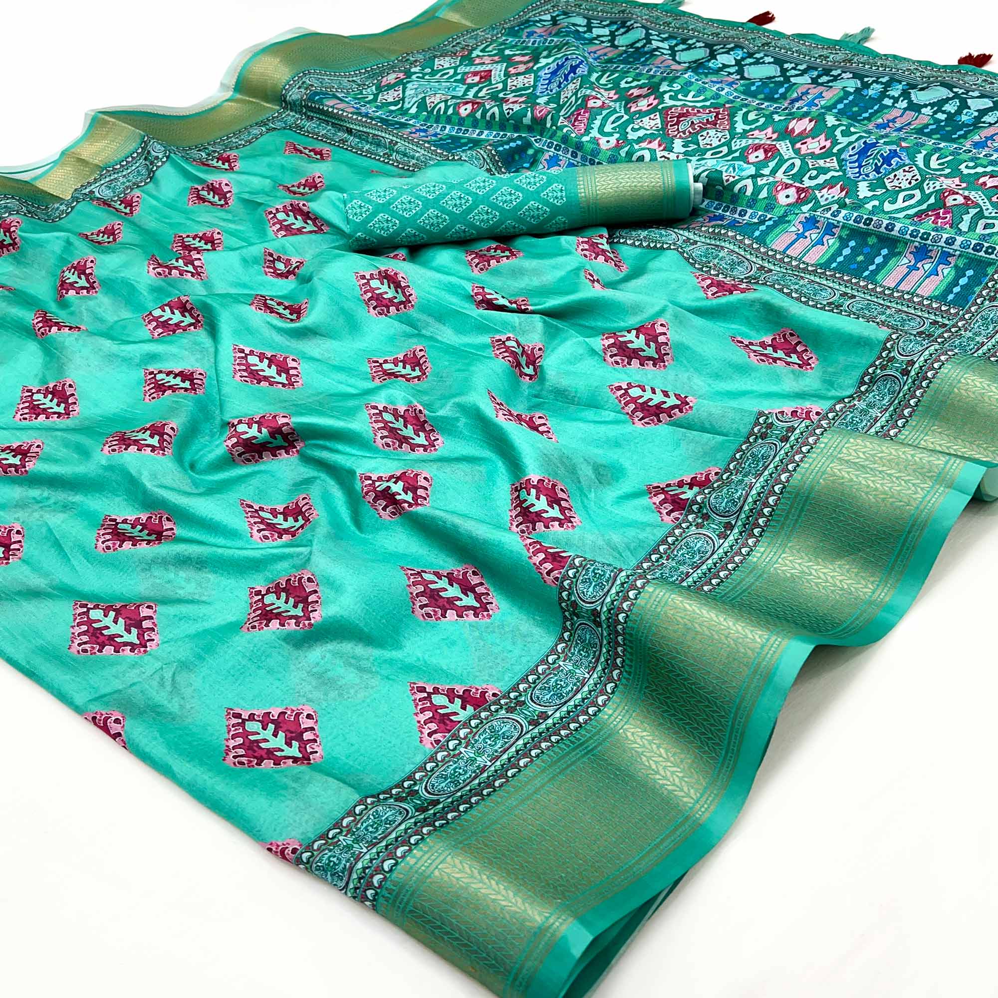 Rama Green Digital Printed Dola Silk Saree Adorned With Zari Weaving Border & Tassel Pallu