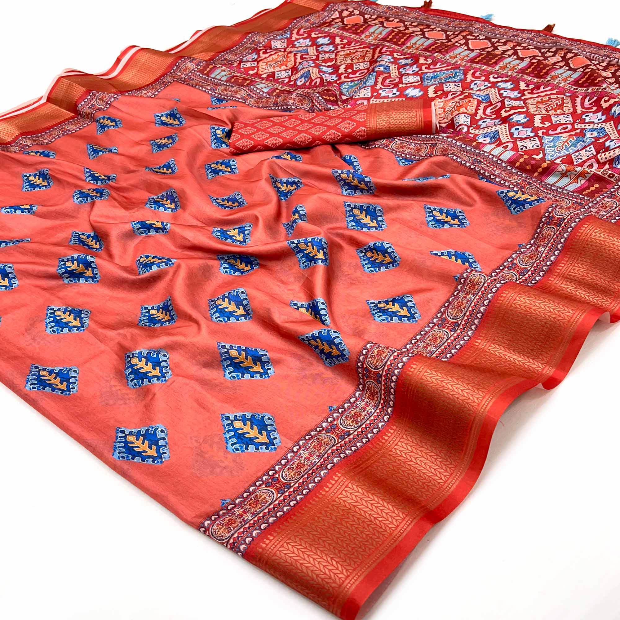 Orange Digital Printed Dola Silk Saree Adorned With Zari Weaving Border & Tassel Pallu