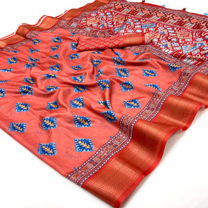 Orange Digital Printed Dola Silk Saree Adorned With Zari Weaving Border & Tassel Pallu