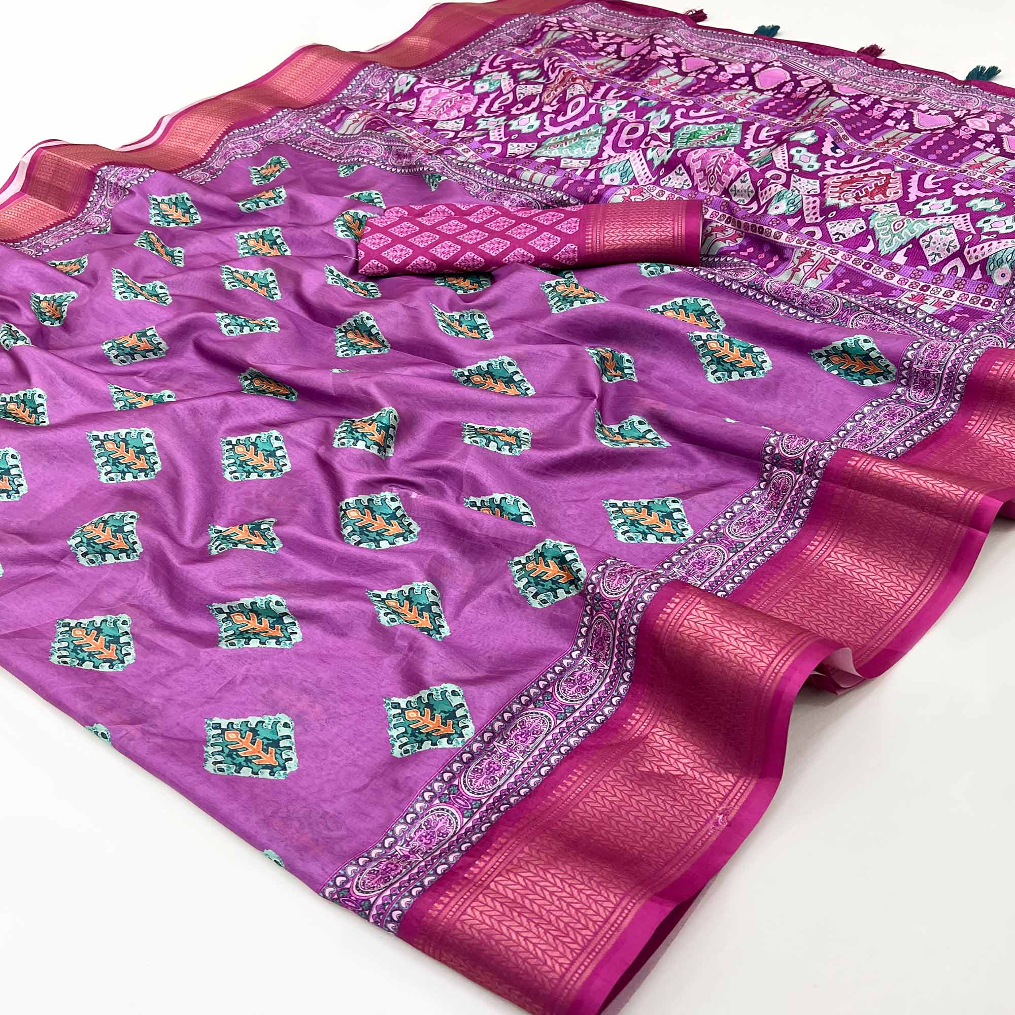 Purple Digital Printed Dola Silk Saree Adorned With Zari Weaving Border & Tassel Pallu