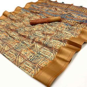 Brown Digital Printed Dola Silk Saree With Intricate Zari Weaving Border & Tassel Pallu