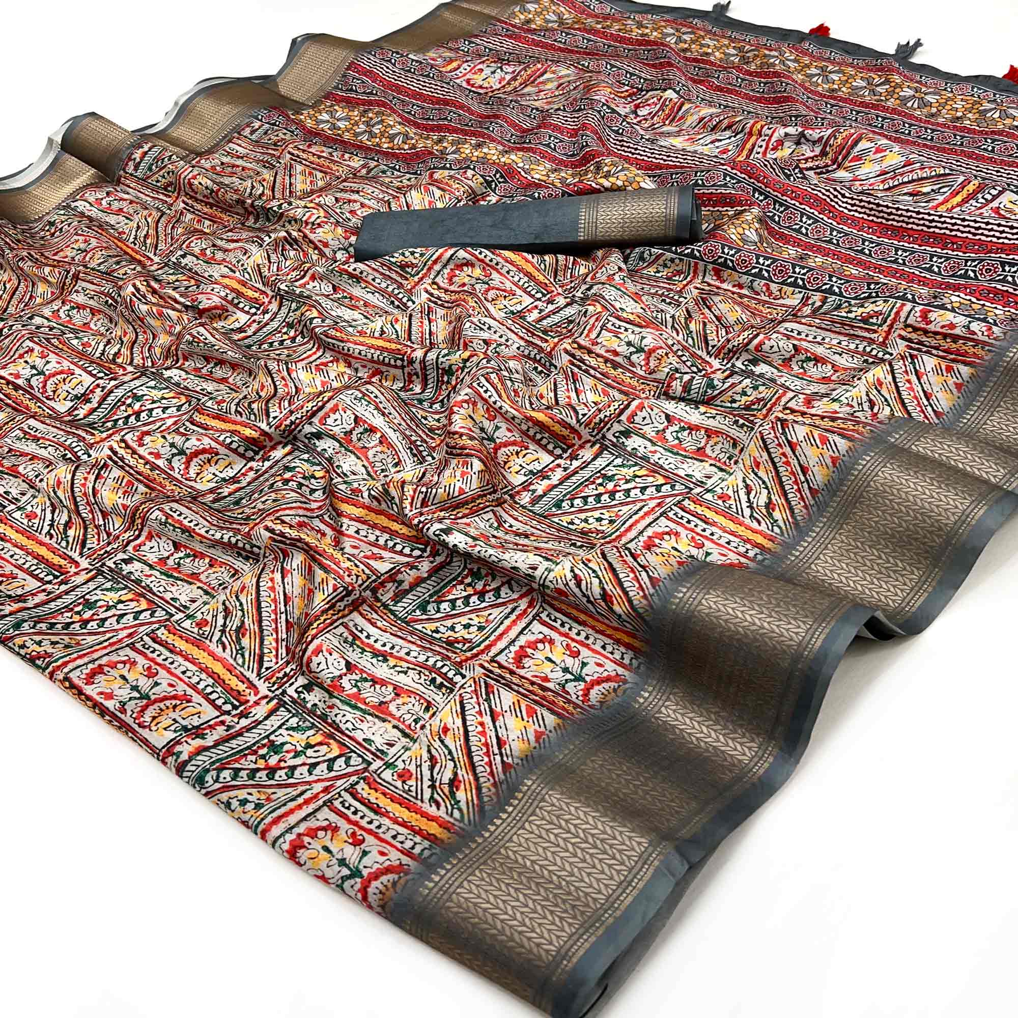 Grey Digital Printed Dola Silk Saree With Intricate Zari Weaving Border & Tassel Pallu