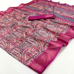 Pink Digital Printed Dola Silk Saree With Intricate Zari Weaving Border & Tassle Pallu