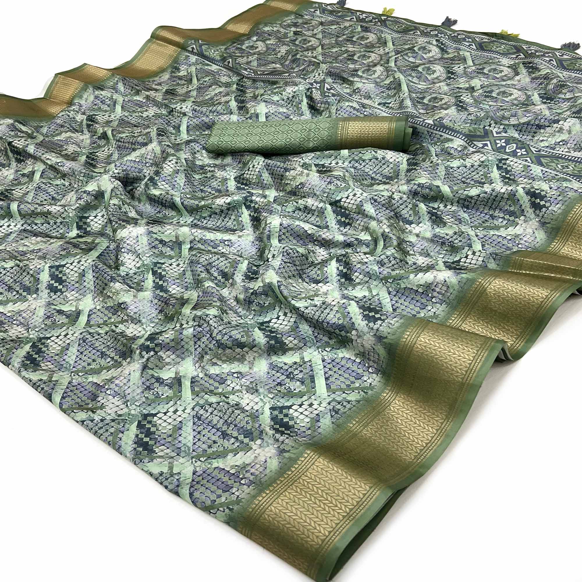 Green Digital Printed Saree In Dola Silk With Shimmering Zari Border & Tassel Pallu