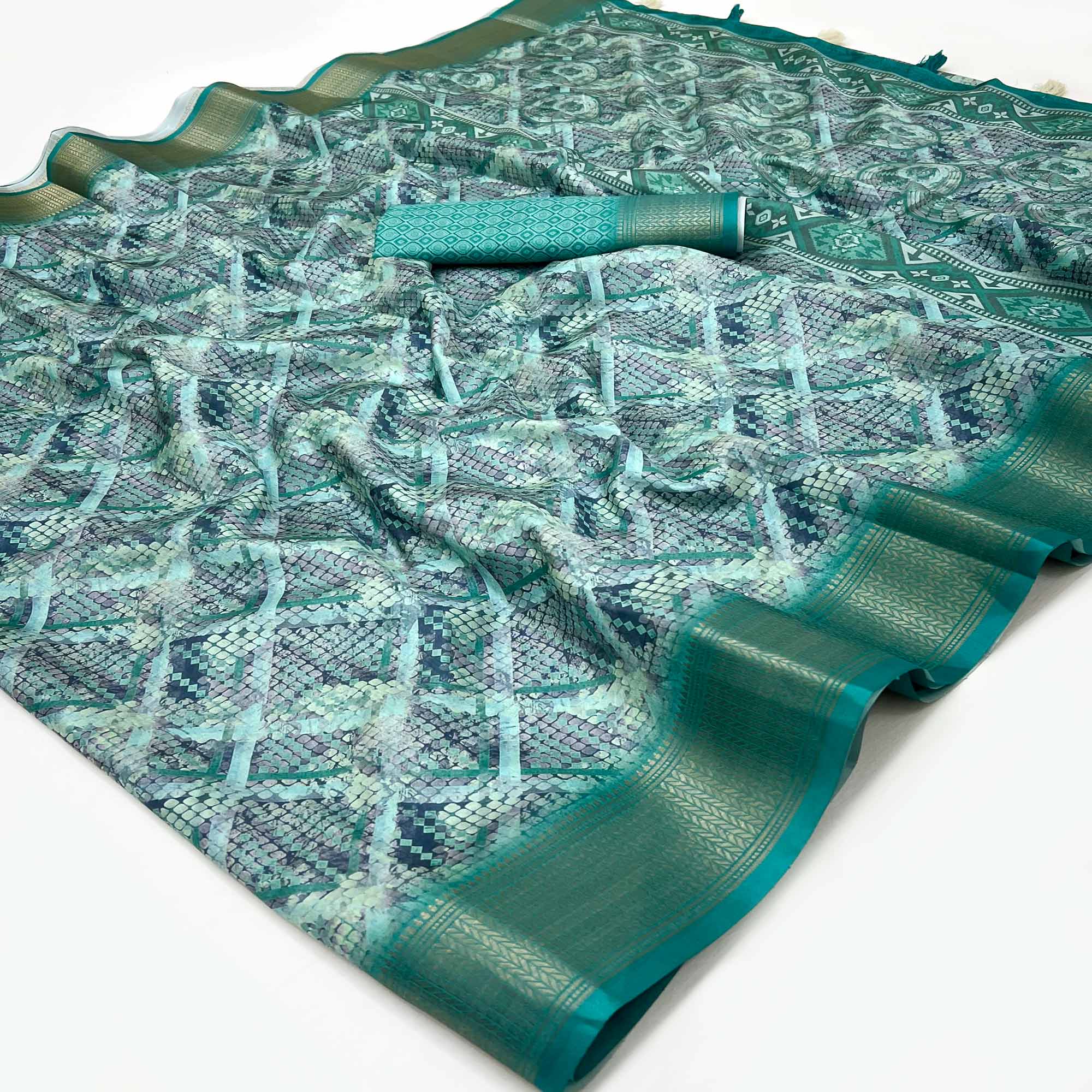 Turquoise Digital Printed Saree In Dola Silk With Shimmering Zari Border & Tassel Pallu