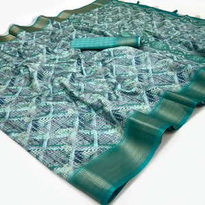 Turquoise Digital Printed Saree In Dola Silk With Shimmering Zari Border & Tassel Pallu