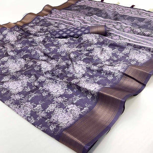 Dark lavender Dola Silk Saree With Floral Digital Prints & Elegant Zari Weaving Border