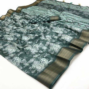 Green Dola Silk Saree With Floral Digital Prints & Elegant Zari Weaving Border
