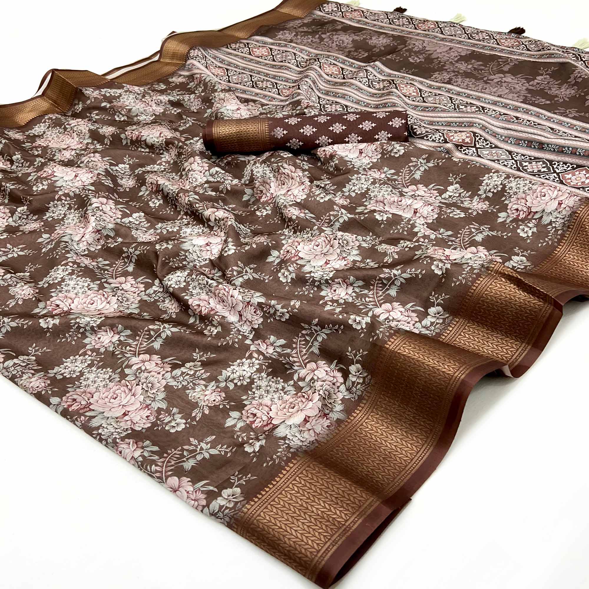 Brown Dola Silk Saree With Floral Digital Prints & Elegant Zari Weaving Border