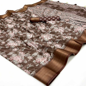 Brown Dola Silk Saree With Floral Digital Prints & Elegant Zari Weaving Border