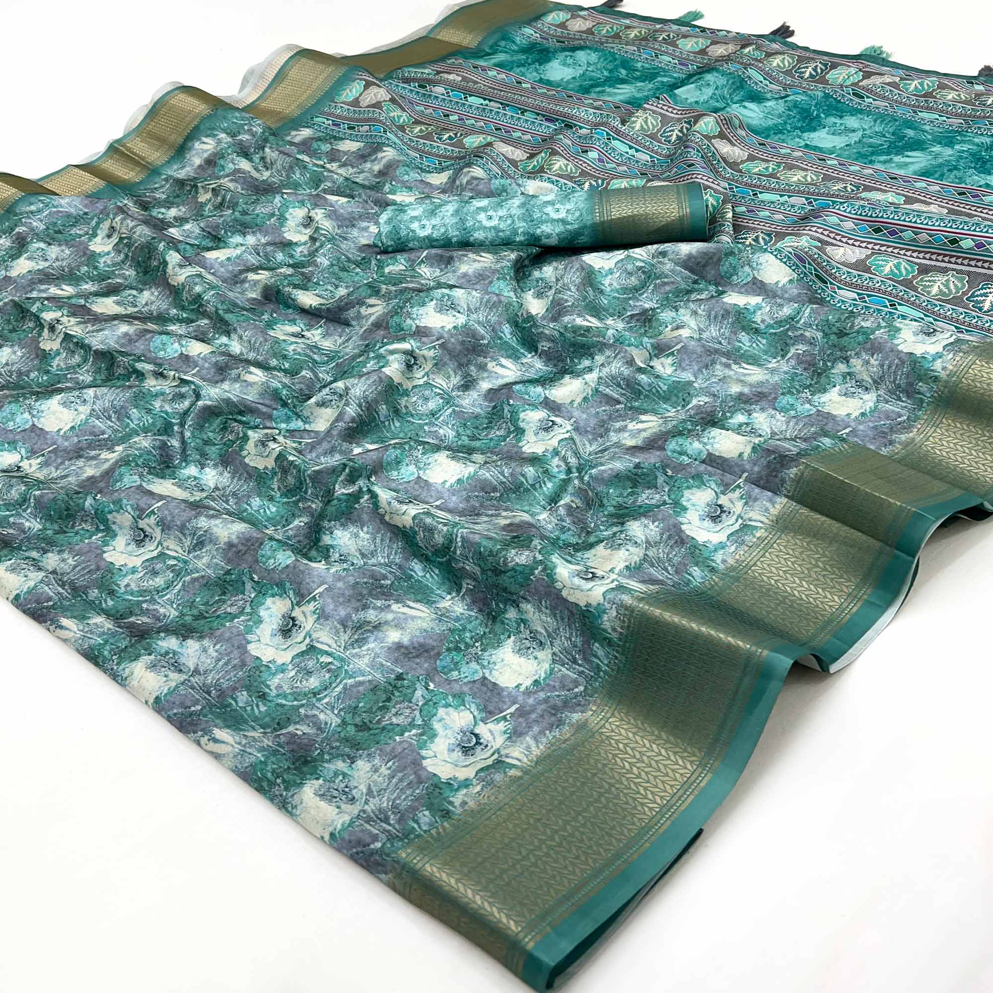 Rama Green Elegance In Dola Saree Featuring Blooming Digital Prints & Zari Border & Tassel Pallu