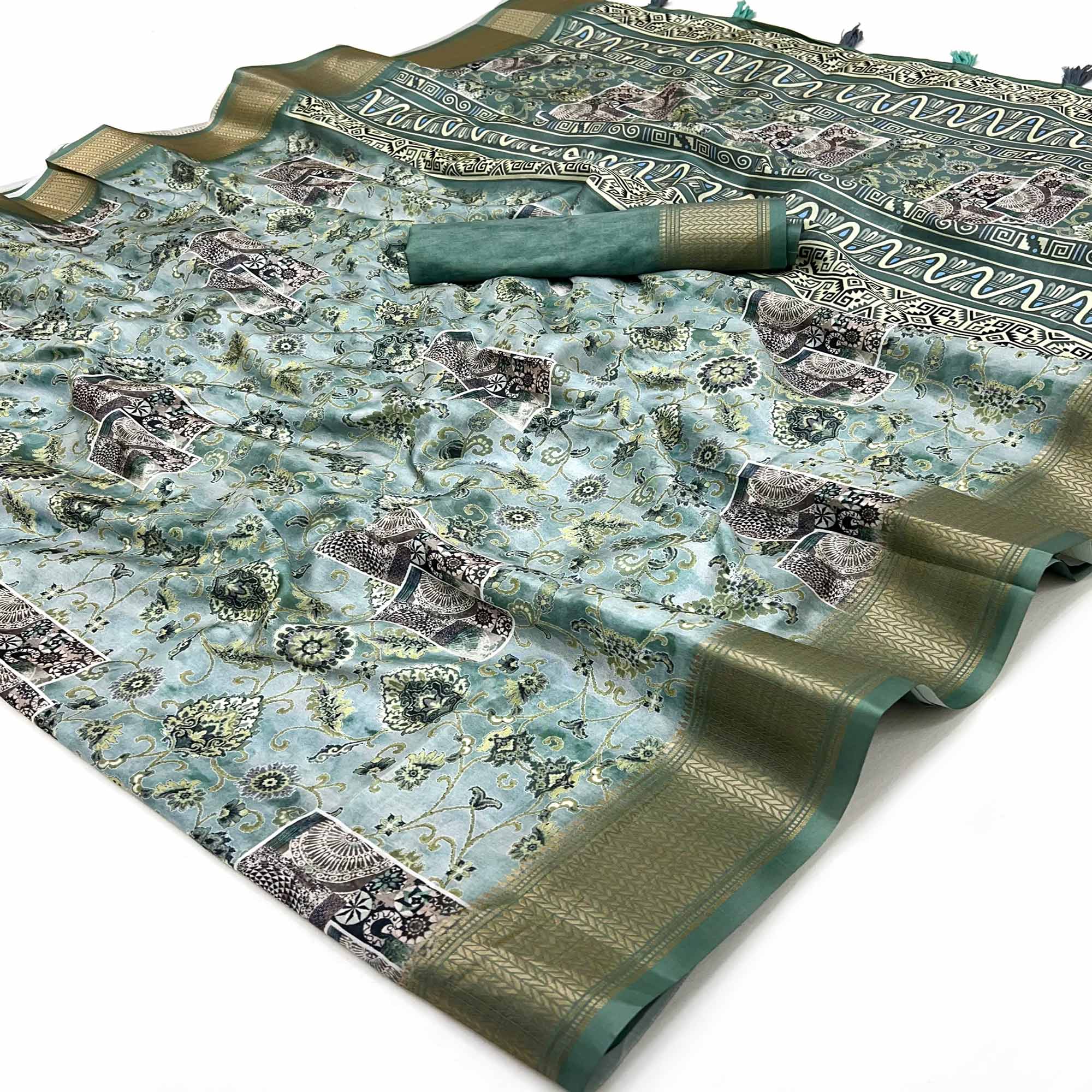 Sage Green Floral Digital Printed Saree In Dola Silk With Shimmering Zari Border & Tassel