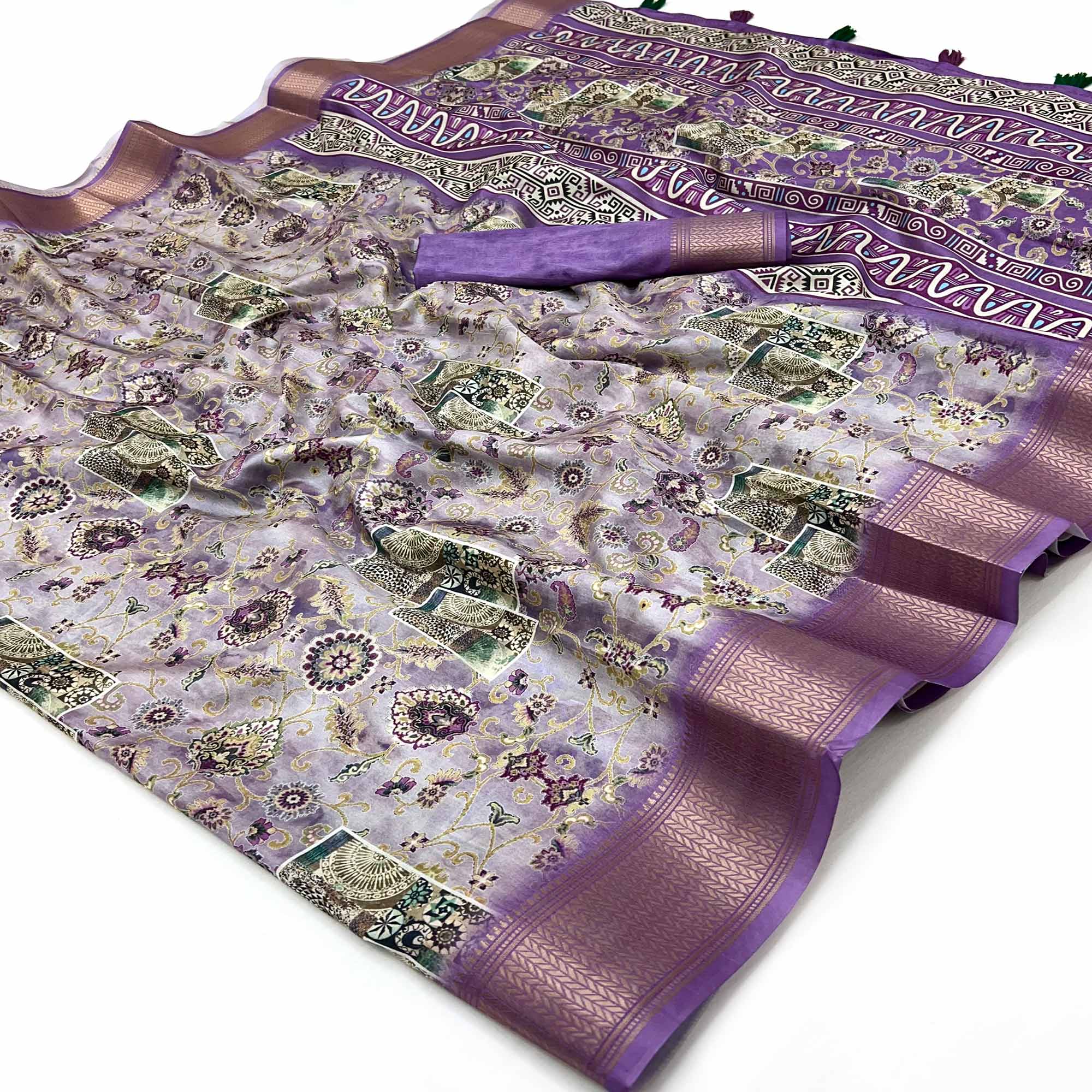 Lavender Floral Digital Printed Saree In Dola Silk With Shimmering Zari Border & Tassel