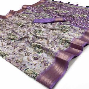 Lavender Floral Digital Printed Saree In Dola Silk With Shimmering Zari Border & Tassel