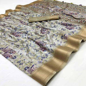 Olive Green Floral Digital Printed Saree In Dola Silk With Shimmering Zari Border & Tassel