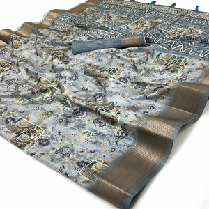 Grey Floral Digital Printed Saree In Dola Silk With Shimmering Zari Border & Tassel