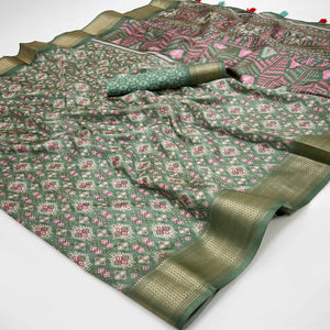 Green Dola Silk Saree With Intricate Digital Prints & Zari Woven Border