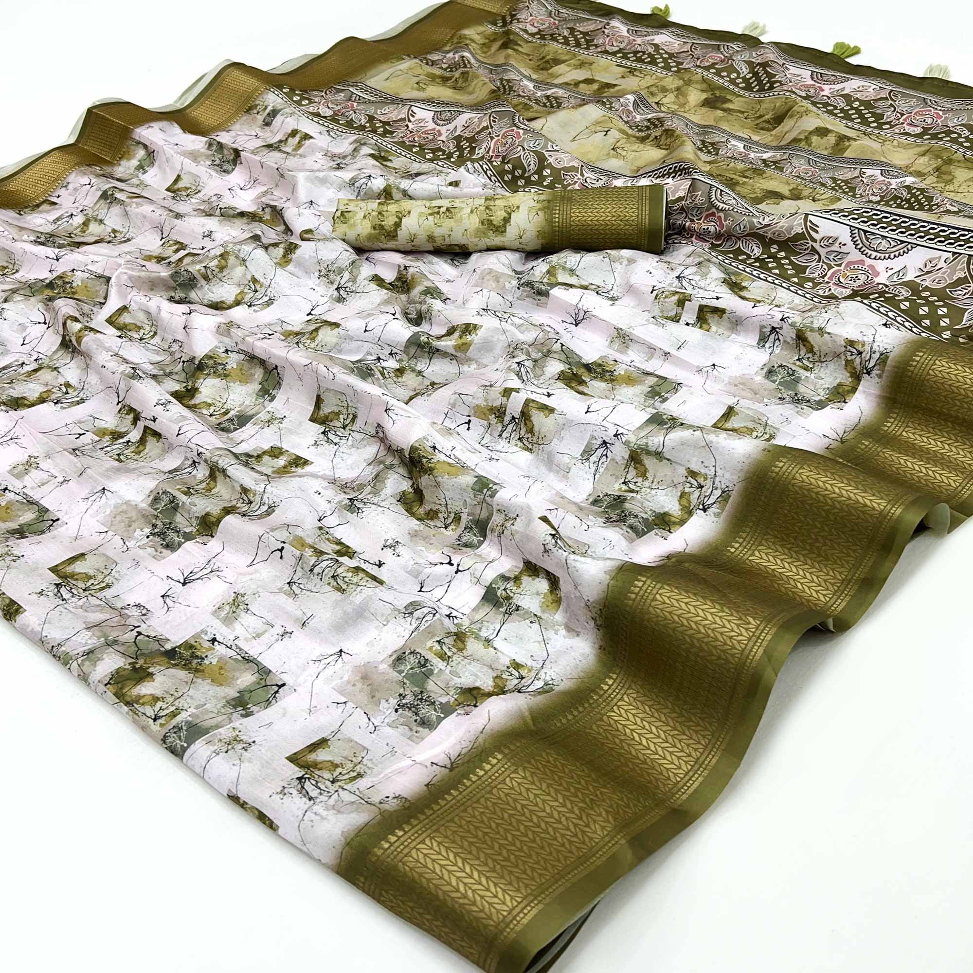 Green Digital Printed Dola Saree Featuring Elegant Weaving Border & Stylish Tassel Pallu