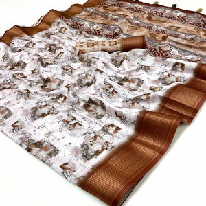Brown Digital Printed Dola Saree Featuring Elegant Weaving Border & Stylish Tassel Pallu