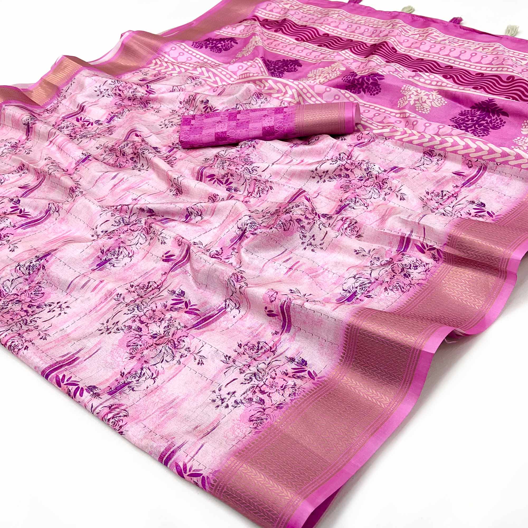Floral Digital Printed Pink Dola Silk Saree Accented With Intricate Woven Border & Tassel Pallu