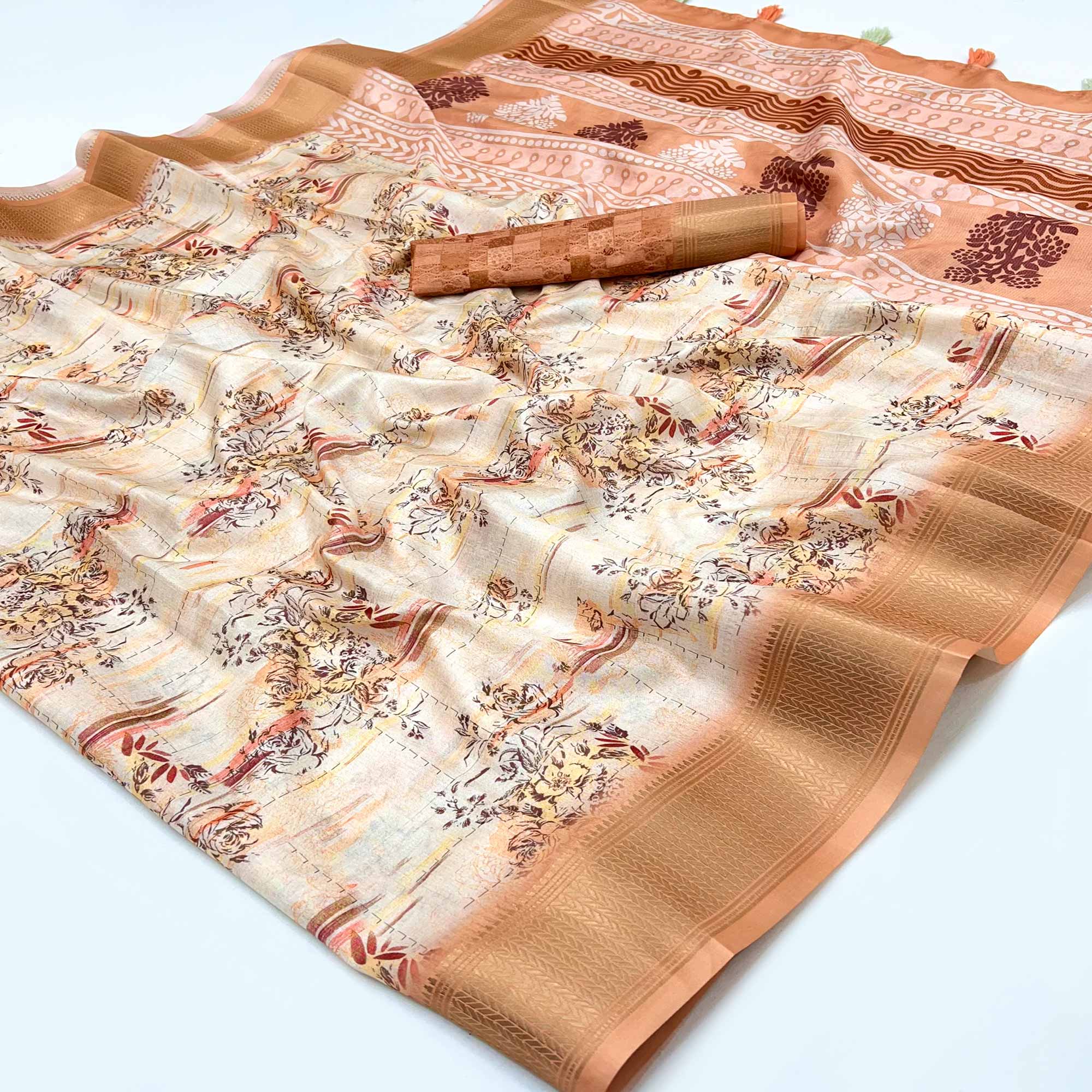 Floral Digital Printed Light Peach Dola Silk Saree Accented With Intricate Woven Border & Tassel