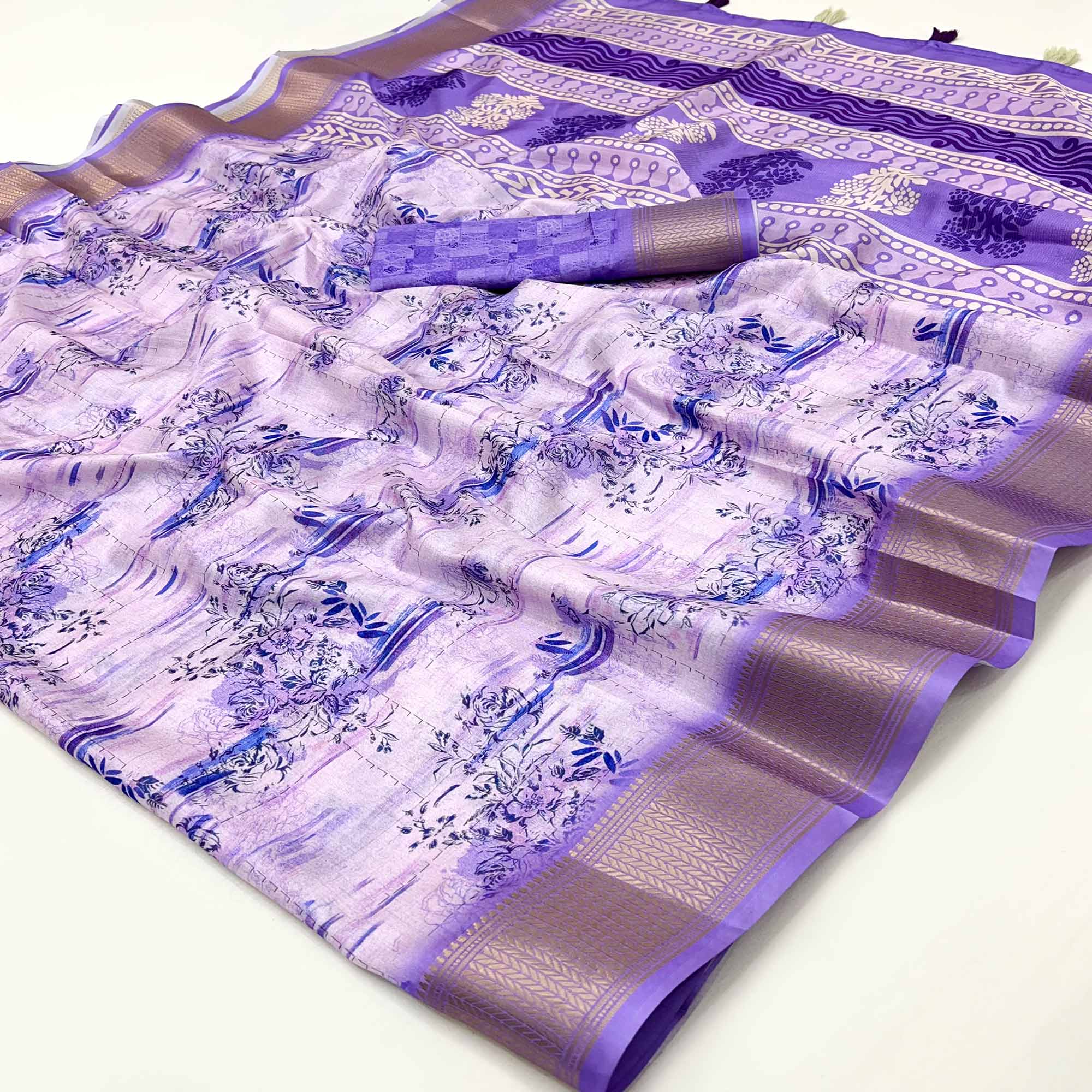 Floral Digital Printed Lavender Dola Silk Saree Accented With Intricate Woven Border & Tassel Pallu