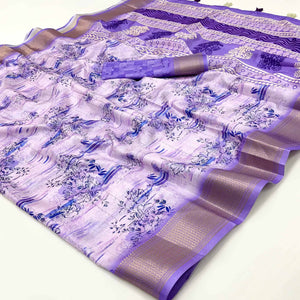 Floral Digital Printed Lavender Dola Silk Saree Accented With Intricate Woven Border & Tassel Pallu
