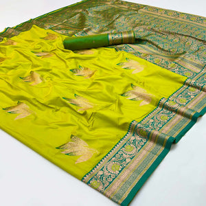 Green Saree In Art Silk Adorned With Floral Zari Work & Traditional Banarasi Pallu